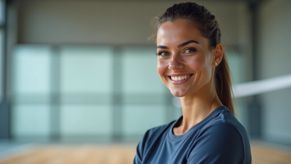 مدربة كرة طائرة متمرسة تقف في صالة تدريب مع ابتسامة واثقة وتركيز على العمل